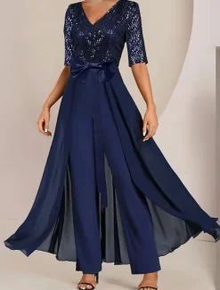 Jumpsuit / Pantsuit Mother of the Bride Formal Wedding Guest Elegant Scoop Neck Ankle Length Chiffon Sequined Half Sleeve with Bow(s) Sequin