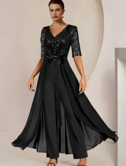 Jumpsuit / Pantsuit Mother of the Bride Formal Wedding Guest Elegant Scoop Neck Ankle Length Chiffon Sequined Half Sleeve with Bow(s) Sequin