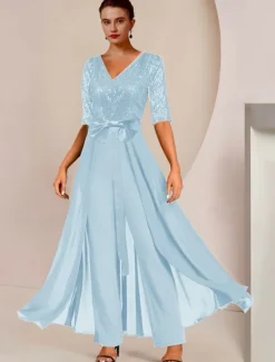 Jumpsuit / Pantsuit Mother of the Bride Formal Wedding Guest Elegant Scoop Neck Ankle Length Chiffon Sequined Half Sleeve with Bow(s) Sequin