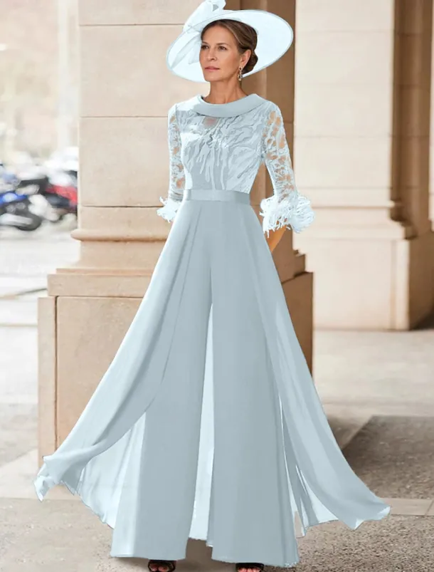 Jumpsuit / Pantsuit Mother of the Bride Beach Wedding Elegant Vintage Jewel Neck Floor Length Chiffon Half Sleeve with Feather Sequin Appliques