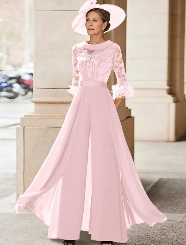 Jumpsuit / Pantsuit Mother of the Bride Beach Wedding Elegant Vintage Jewel Neck Floor Length Chiffon Half Sleeve with Feather Sequin Appliques