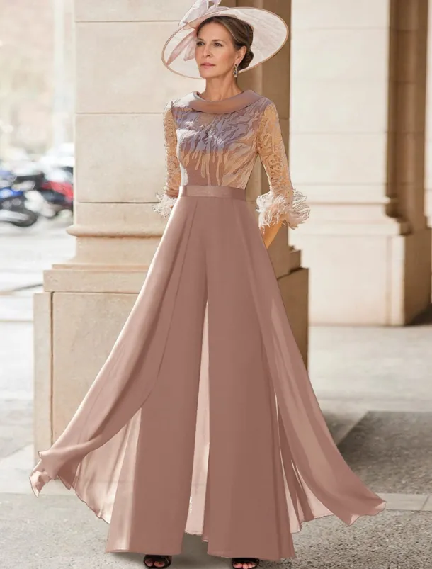 Jumpsuit / Pantsuit Mother of the Bride Beach Wedding Elegant Vintage Jewel Neck Floor Length Chiffon Half Sleeve with Feather Sequin Appliques