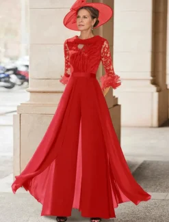 Jumpsuit / Pantsuit Mother of the Bride Beach Wedding Elegant Vintage Jewel Neck Floor Length Chiffon Half Sleeve with Feather Sequin Appliques