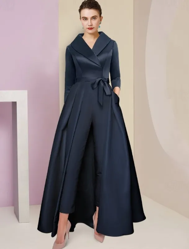 Jumpsuit / Pantsuit Mother of the Bride Tuxedo Formal Wedding Guest Elegant Party Simple Shirt Collar Ankle Length Satin 3/4 Length Sleeve with Bow(s) free custom size