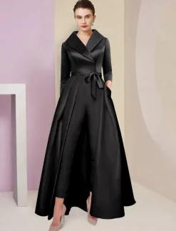 Jumpsuit / Pantsuit Mother of the Bride Tuxedo Formal Wedding Guest Elegant Party Simple Shirt Collar Ankle Length Satin 3/4 Length Sleeve with Bow(s) free custom size