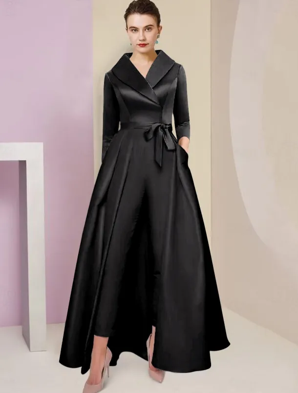 Jumpsuit / Pantsuit Mother of the Bride Tuxedo Formal Wedding Guest Elegant Party Simple Shirt Collar Ankle Length Satin 3/4 Length Sleeve with Bow(s) free custom size