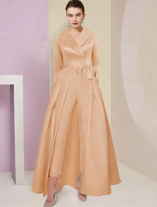 Jumpsuit / Pantsuit Mother of the Bride Tuxedo Formal Wedding Guest Elegant Party Simple Shirt Collar Ankle Length Satin 3/4 Length Sleeve with Bow(s) free custom size