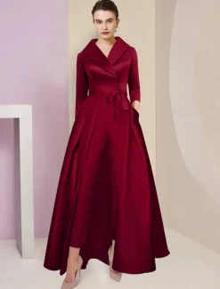 Jumpsuit / Pantsuit Mother of the Bride Tuxedo Formal Wedding Guest Elegant Party Simple Shirt Collar Ankle Length Satin 3/4 Length Sleeve with Bow(s) free custom size
