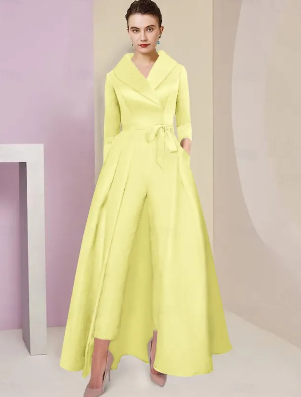 Jumpsuit / Pantsuit Mother of the Bride Tuxedo Formal Wedding Guest Elegant Party Simple Shirt Collar Ankle Length Satin 3/4 Length Sleeve with Bow(s) free custom size