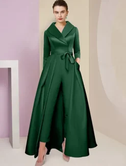 Jumpsuit / Pantsuit Mother of the Bride Tuxedo Formal Wedding Guest Elegant Party Simple Shirt Collar Ankle Length Satin 3/4 Length Sleeve with Bow(s) free custom size