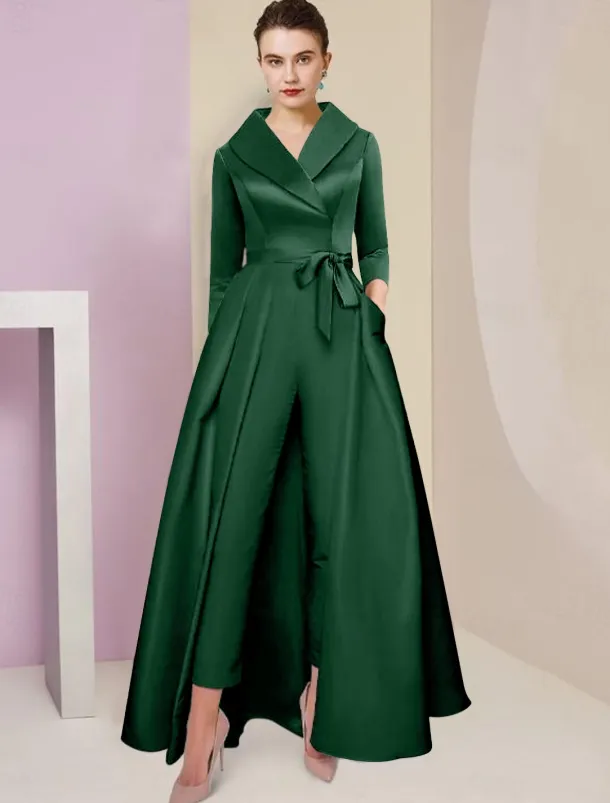 Jumpsuit / Pantsuit Mother of the Bride Tuxedo Formal Wedding Guest Elegant Party Simple Shirt Collar Ankle Length Satin 3/4 Length Sleeve with Bow(s) free custom size