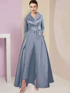 Jumpsuit / Pantsuit Mother of the Bride Tuxedo Formal Wedding Guest Elegant Party Simple Shirt Collar Ankle Length Satin 3/4 Length Sleeve with Bow(s) free custom size