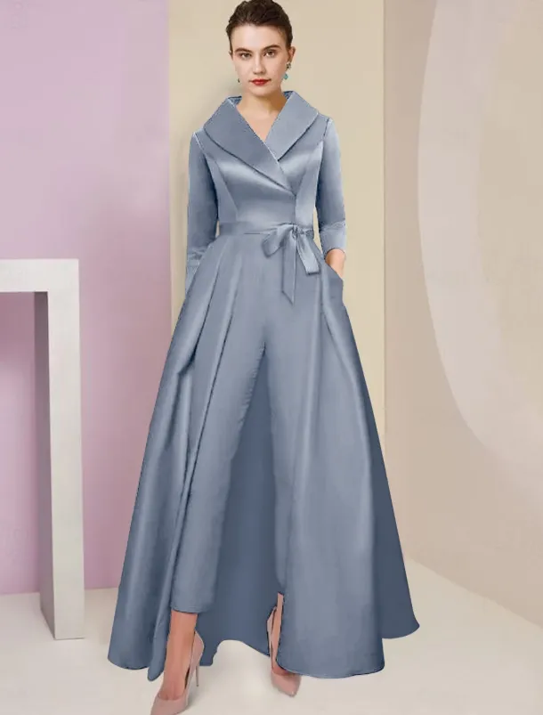 Jumpsuit / Pantsuit Mother of the Bride Tuxedo Formal Wedding Guest Elegant Party Simple Shirt Collar Ankle Length Satin 3/4 Length Sleeve with Bow(s) free custom size