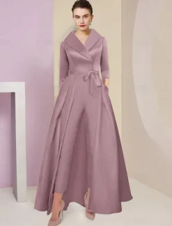 Jumpsuit / Pantsuit Mother of the Bride Tuxedo Formal Wedding Guest Elegant Party Simple Shirt Collar Ankle Length Satin 3/4 Length Sleeve with Bow(s) free custom size