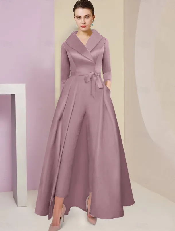 Jumpsuit / Pantsuit Mother of the Bride Tuxedo Formal Wedding Guest Elegant Party Simple Shirt Collar Ankle Length Satin 3/4 Length Sleeve with Bow(s) free custom size