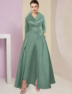 Jumpsuit / Pantsuit Mother of the Bride Tuxedo Formal Wedding Guest Elegant Party Simple Shirt Collar Ankle Length Satin 3/4 Length Sleeve with Bow(s) free custom size