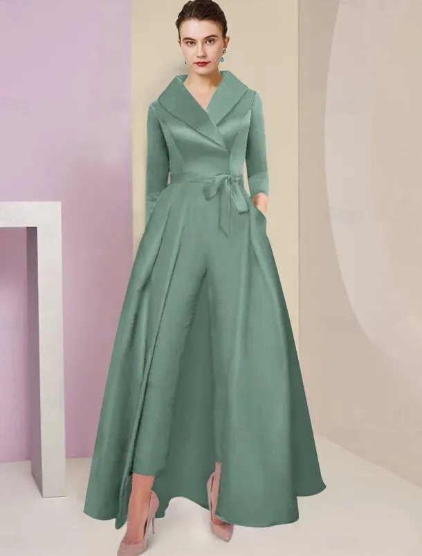 Jumpsuit / Pantsuit Mother of the Bride Tuxedo Formal Wedding Guest Elegant Party Simple Shirt Collar Ankle Length Satin 3/4 Length Sleeve with Bow(s) free custom size