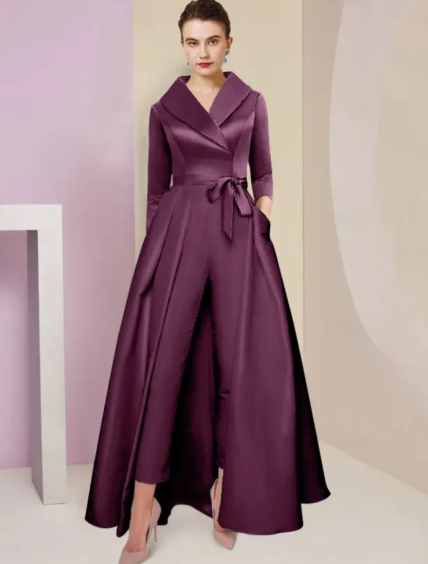 Jumpsuit / Pantsuit Mother of the Bride Tuxedo Formal Wedding Guest Elegant Party Simple Shirt Collar Ankle Length Satin 3/4 Length Sleeve with Bow(s) free custom size