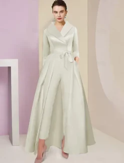Jumpsuit / Pantsuit Mother of the Bride Tuxedo Formal Wedding Guest Elegant Party Simple Shirt Collar Ankle Length Satin 3/4 Length Sleeve with Bow(s) free custom size