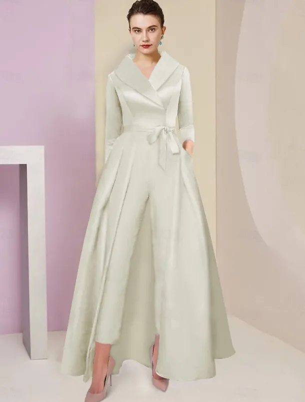 Jumpsuit / Pantsuit Mother of the Bride Tuxedo Formal Wedding Guest Elegant Party Simple Shirt Collar Ankle Length Satin 3/4 Length Sleeve with Bow(s) free custom size