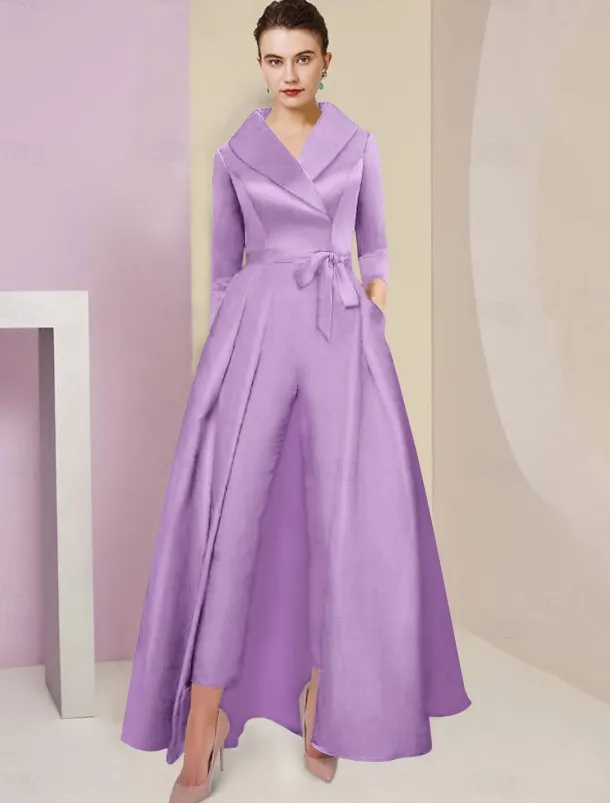 Jumpsuit / Pantsuit Mother of the Bride Tuxedo Formal Wedding Guest Elegant Party Simple Shirt Collar Ankle Length Satin 3/4 Length Sleeve with Bow(s) free custom size