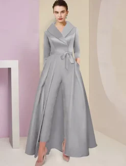 Jumpsuit / Pantsuit Mother of the Bride Tuxedo Formal Wedding Guest Elegant Party Simple Shirt Collar Ankle Length Satin 3/4 Length Sleeve with Bow(s) free custom size