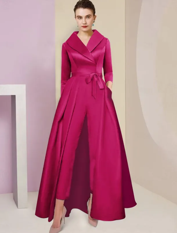 Jumpsuit / Pantsuit Mother of the Bride Tuxedo Formal Wedding Guest Elegant Party Simple Shirt Collar Ankle Length Satin 3/4 Length Sleeve with Bow(s) free custom size