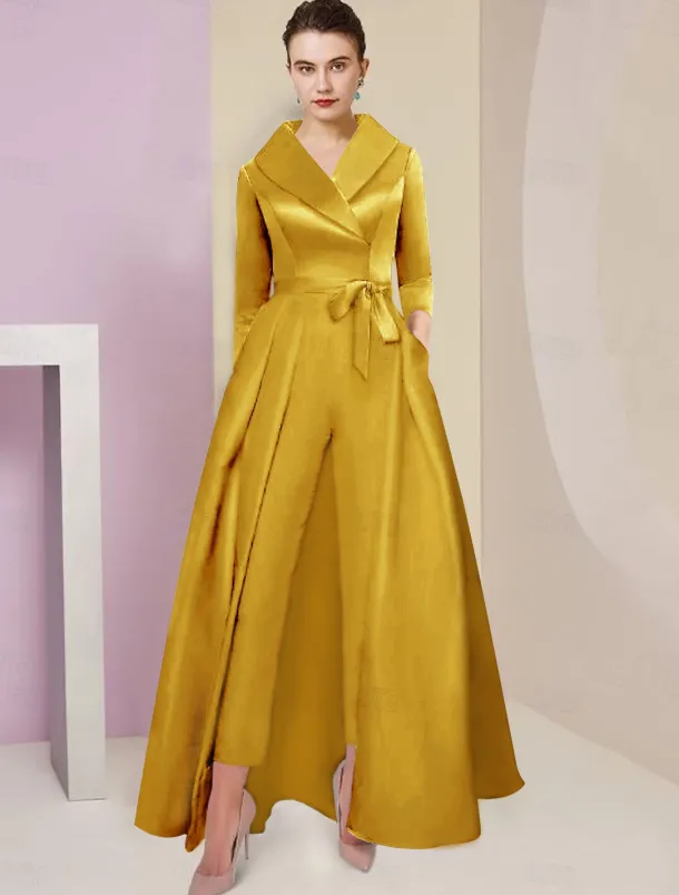 Jumpsuit / Pantsuit Mother of the Bride Tuxedo Formal Wedding Guest Elegant Party Simple Shirt Collar Ankle Length Satin 3/4 Length Sleeve with Bow(s) free custom size