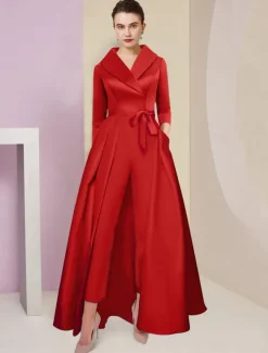 Jumpsuit / Pantsuit Mother of the Bride Tuxedo Formal Wedding Guest Elegant Party Simple Shirt Collar Ankle Length Satin 3/4 Length Sleeve with Bow(s) free custom size