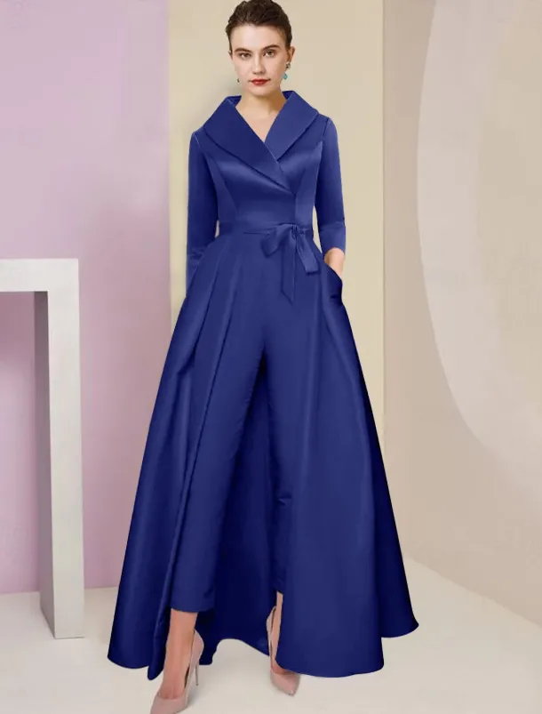 Jumpsuit / Pantsuit Mother of the Bride Tuxedo Formal Wedding Guest Elegant Party Simple Shirt Collar Ankle Length Satin 3/4 Length Sleeve with Bow(s) free custom size