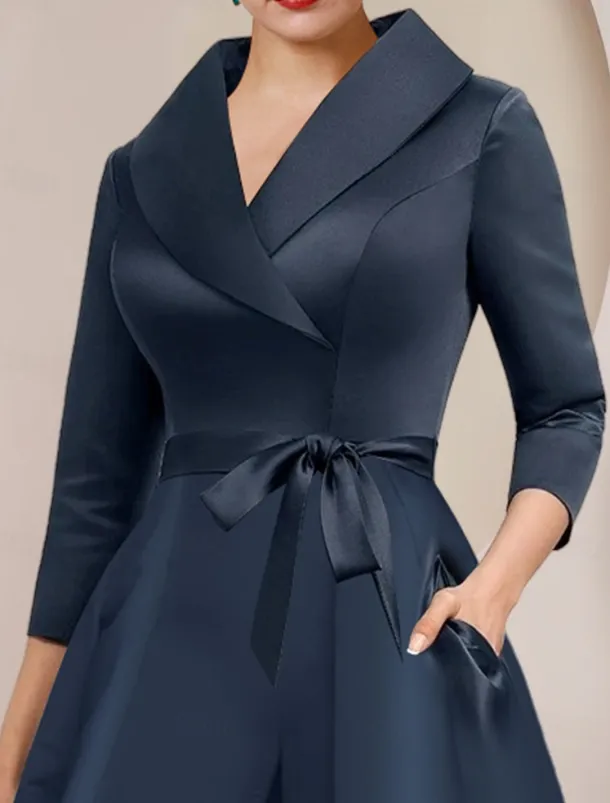 Jumpsuit / Pantsuit Mother of the Bride Tuxedo Formal Wedding Guest Elegant Party Simple Shirt Collar Ankle Length Satin 3/4 Length Sleeve with Bow(s) free custom size