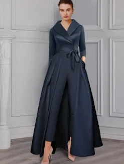 Jumpsuit / Pantsuit Mother of the Bride Tuxedo Formal Wedding Guest Elegant Party Simple Shirt Collar Ankle Length Satin 3/4 Length Sleeve with Bow(s) free custom size