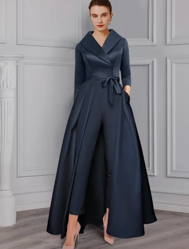 Jumpsuit / Pantsuit Mother of the Bride Tuxedo Formal Wedding Guest Elegant Party Simple Shirt Collar Ankle Length Satin 3/4 Length Sleeve with Bow(s) free custom size
