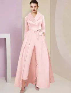 Jumpsuit / Pantsuit Mother of the Bride Tuxedo Formal Wedding Guest Elegant Party Simple Shirt Collar Ankle Length Satin 3/4 Length Sleeve with Bow(s) free custom size