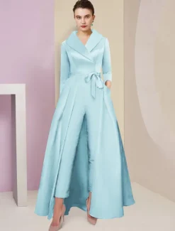 Jumpsuit / Pantsuit Mother of the Bride Tuxedo Formal Wedding Guest Elegant Party Simple Shirt Collar Ankle Length Satin 3/4 Length Sleeve with Bow(s) free custom size