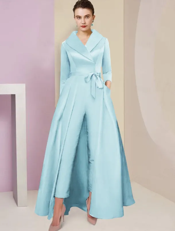 Jumpsuit / Pantsuit Mother of the Bride Tuxedo Formal Wedding Guest Elegant Party Simple Shirt Collar Ankle Length Satin 3/4 Length Sleeve with Bow(s) free custom size
