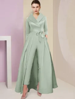 Jumpsuit / Pantsuit Mother of the Bride Tuxedo Formal Wedding Guest Elegant Party Simple Shirt Collar Ankle Length Satin 3/4 Length Sleeve with Bow(s) free custom size