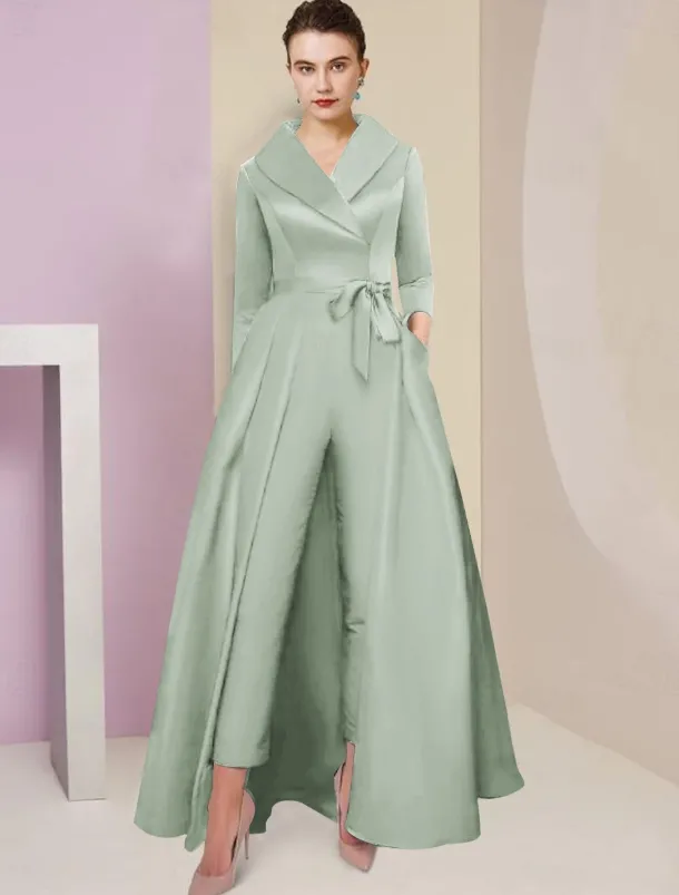 Jumpsuit / Pantsuit Mother of the Bride Tuxedo Formal Wedding Guest Elegant Party Simple Shirt Collar Ankle Length Satin 3/4 Length Sleeve with Bow(s) free custom size