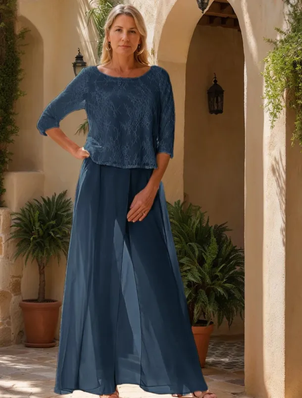 Jumpsuit / Pantsuit Mother of the Bride Jumpsuit Elegant Simple Minimalist Crew Neck Floor Length Chiffon Half Sleeve with Lace