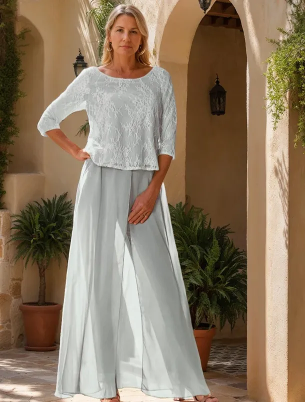 Jumpsuit / Pantsuit Mother of the Bride Jumpsuit Elegant Simple Minimalist Crew Neck Floor Length Chiffon Half Sleeve with Lace