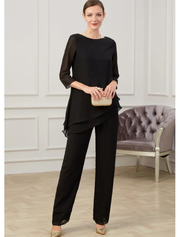Jumpsuit / Pantsuit Mother of the Bride Elegant Jewel Neck Floor Length Chiffon Half Sleeve with Ruching free custom size