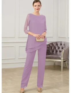 Jumpsuit / Pantsuit Mother of the Bride Elegant Jewel Neck Floor Length Chiffon Half Sleeve with Ruching free custom size