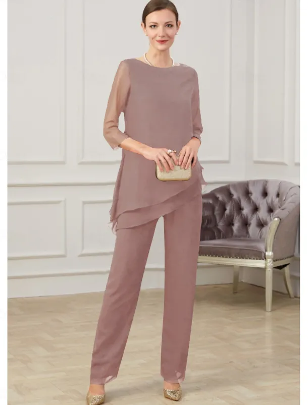 Jumpsuit / Pantsuit Mother of the Bride Elegant Jewel Neck Floor Length Chiffon Half Sleeve with Ruching free custom size