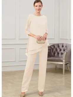 Jumpsuit / Pantsuit Mother of the Bride Elegant Jewel Neck Floor Length Chiffon Half Sleeve with Ruching free custom size