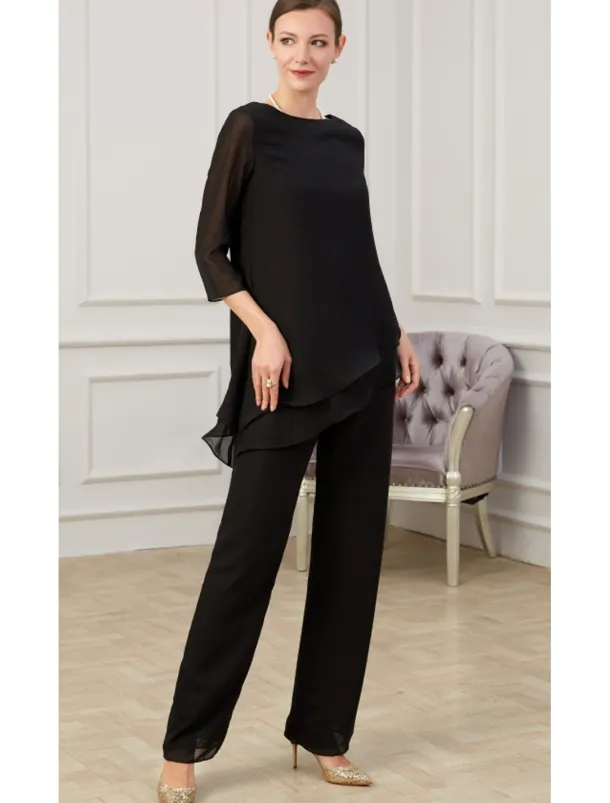 Jumpsuit / Pantsuit Mother of the Bride Elegant Jewel Neck Floor Length Chiffon Half Sleeve with Ruching free custom size
