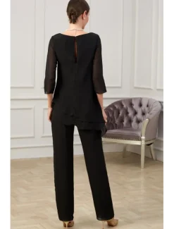 Jumpsuit / Pantsuit Mother of the Bride Elegant Jewel Neck Floor Length Chiffon Half Sleeve with Ruching free custom size