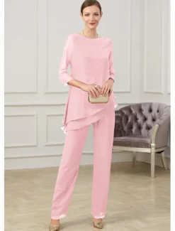Jumpsuit / Pantsuit Mother of the Bride Elegant Jewel Neck Floor Length Chiffon Half Sleeve with Ruching free custom size