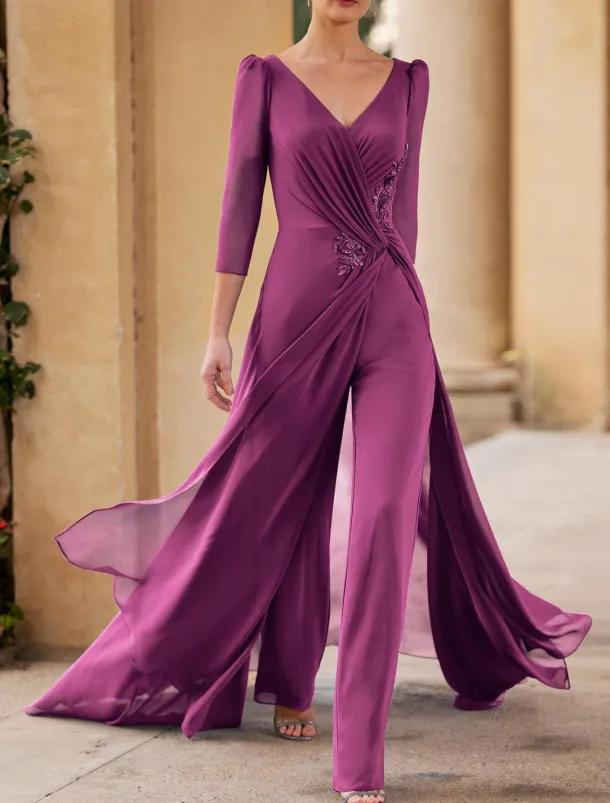 Jumpsuit / Pantsuit Mother of the Bride Formal Wedding Guest Elegant Straight Neckline V Neck Floor Length Chiffon 3/4 Length Sleeve with Ruched Cascading Ruffles free custom size