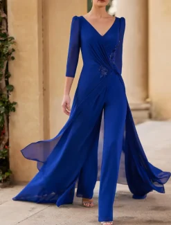 Jumpsuit / Pantsuit Mother of the Bride Formal Wedding Guest Elegant Straight Neckline V Neck Floor Length Chiffon 3/4 Length Sleeve with Ruched Cascading Ruffles free custom size