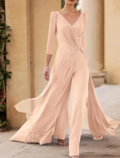 Jumpsuit / Pantsuit Mother of the Bride Formal Wedding Guest Elegant Straight Neckline V Neck Floor Length Chiffon 3/4 Length Sleeve with Ruched Cascading Ruffles free custom size